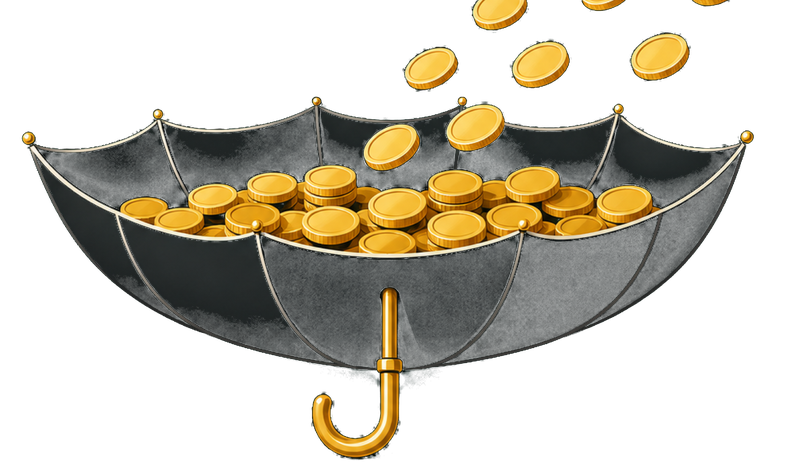 An upturned black umbrella catching falling gold coins.